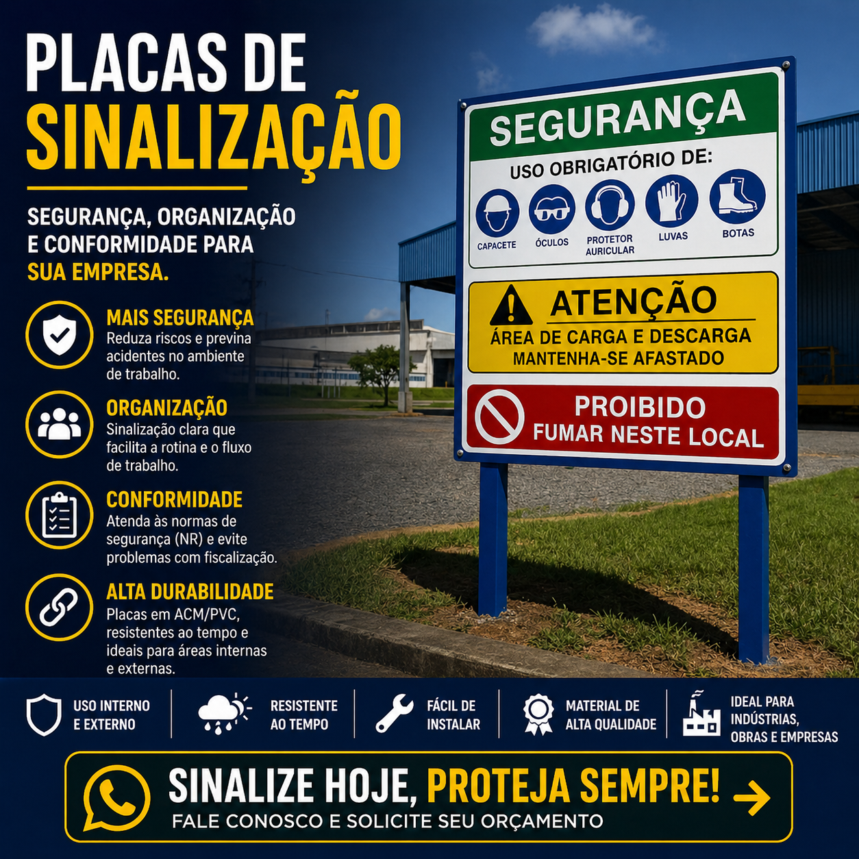 Placa de sinalização de segurança industrial em ambiente fabril